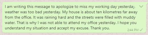 Excuse message for missing a day in office