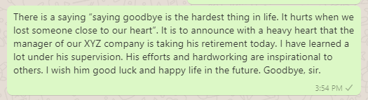 Goodbye message on leaving company