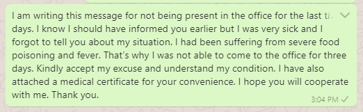 Workplace absence excuse message to boss