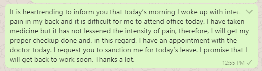 Back Pain Sick Leave SMS Message