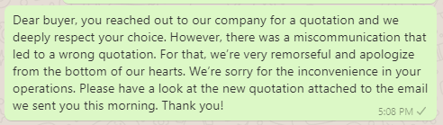 Apology message for wrong quotation