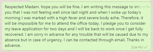 Sick Leave Message due to Fever