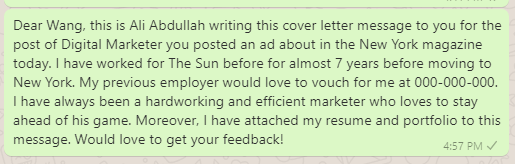 Cover Letter Message for Hiring Manager