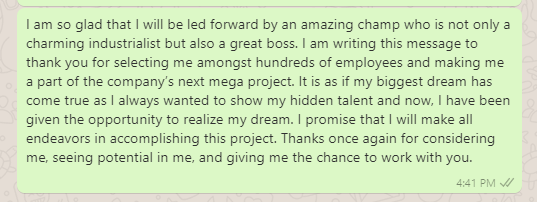 Thank you Message for the Opportunity to Work on the Project