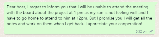 My son is not feeling well message to boss