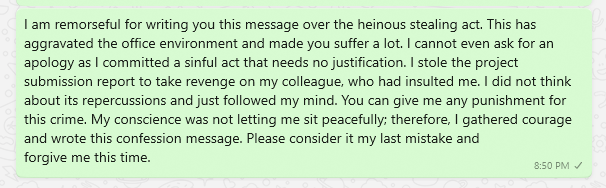 Employee Theft Confession Message to Boss